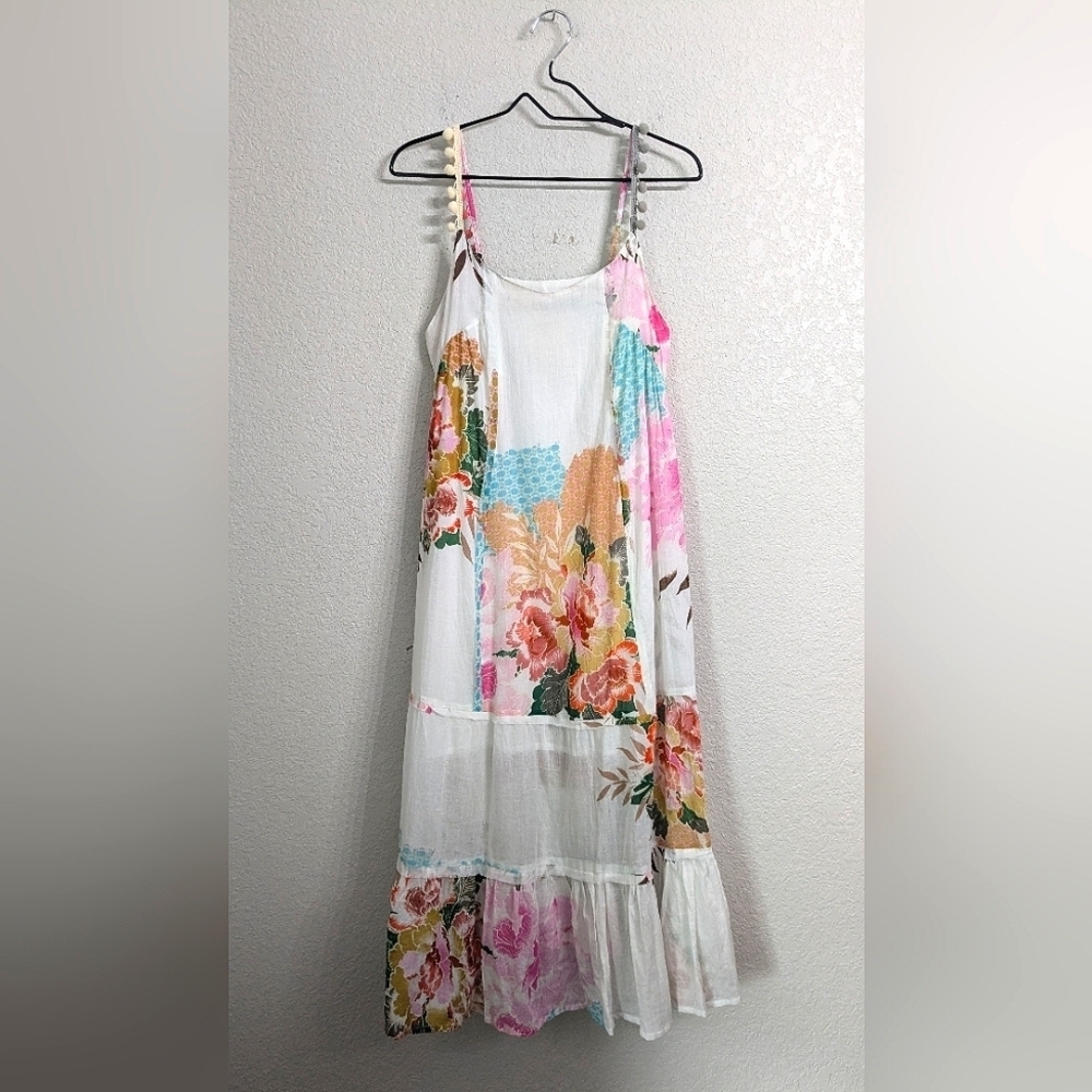 Z&L Europe Woman Cotton Floral Maxi Dress Boho Tiered Strappy Pompoms Flowy M